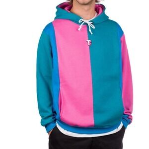 Teddy Fresh Men's Teal Bubble Gum Pink Colorblock Pullover Hoodie - Small